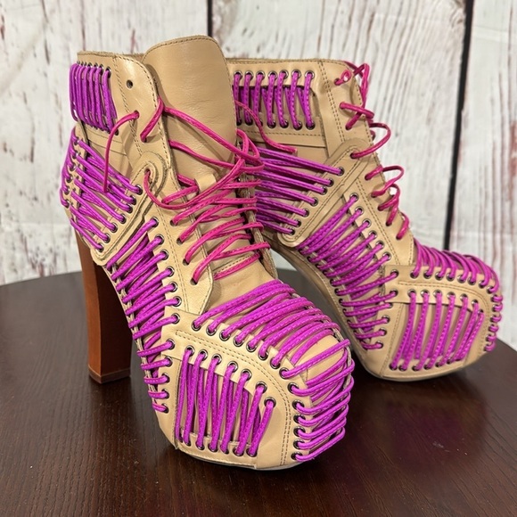 Jeffrey Campbell Shoes - JEFFREY CAMPBELL LITA LACED in Neon Pink & Purple On Tan Leather Ankle Boots 6.5